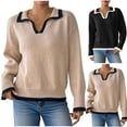 thumbnail image 5 of qucoqpe Sweaters for Women Trendy Color Block Lapel V-neck Long Sleeve Knitted Pullover Sweater Fall Winter Versatile Tops, 5 of 5