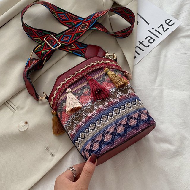 Mujeres étnicas hombro bandolera borlas tejidas cubo pequeño Bolsas femeninos Ndcxsfigh Para Estrenar