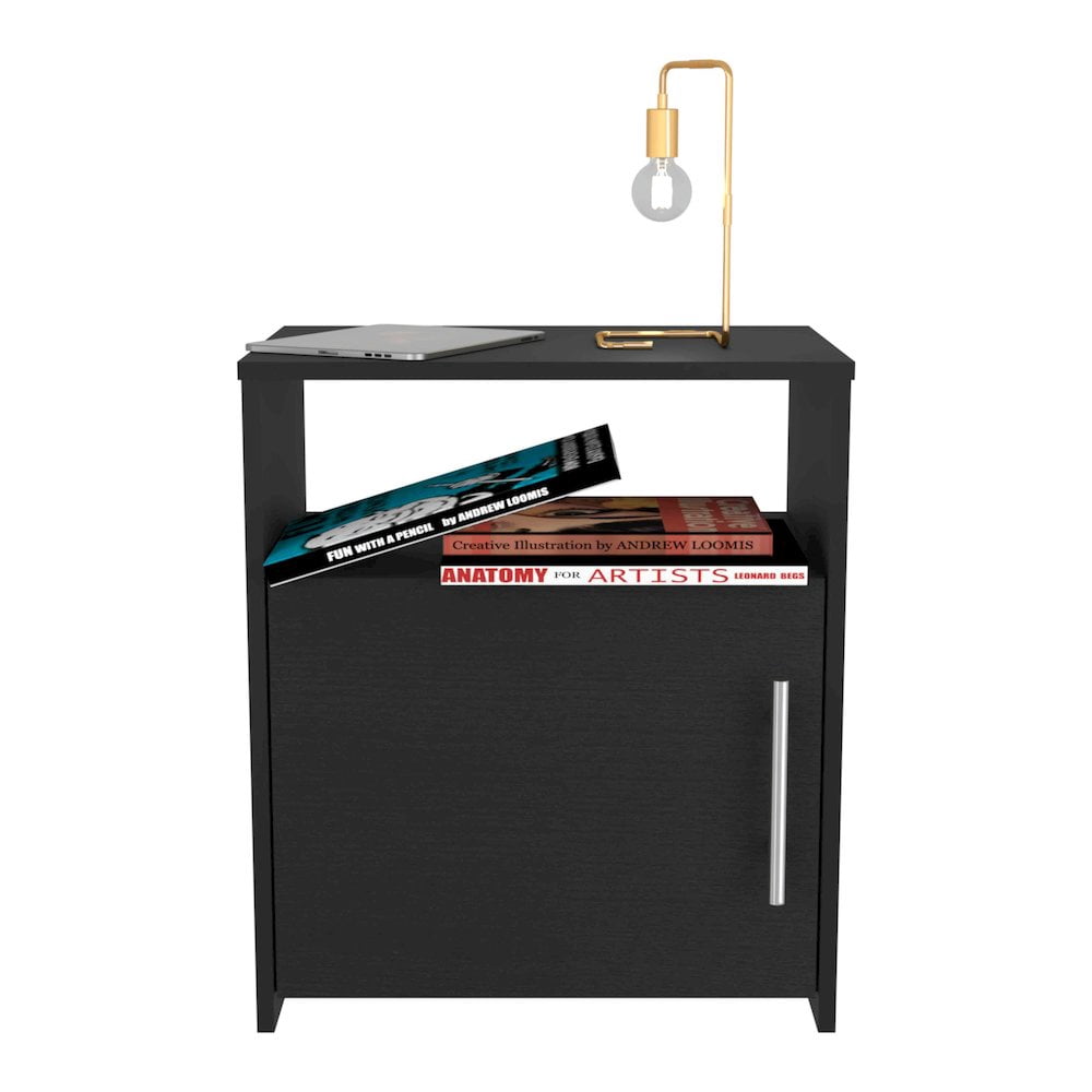 HomeRoots 23 in. Faux Wood Nightstand with Storage, Black