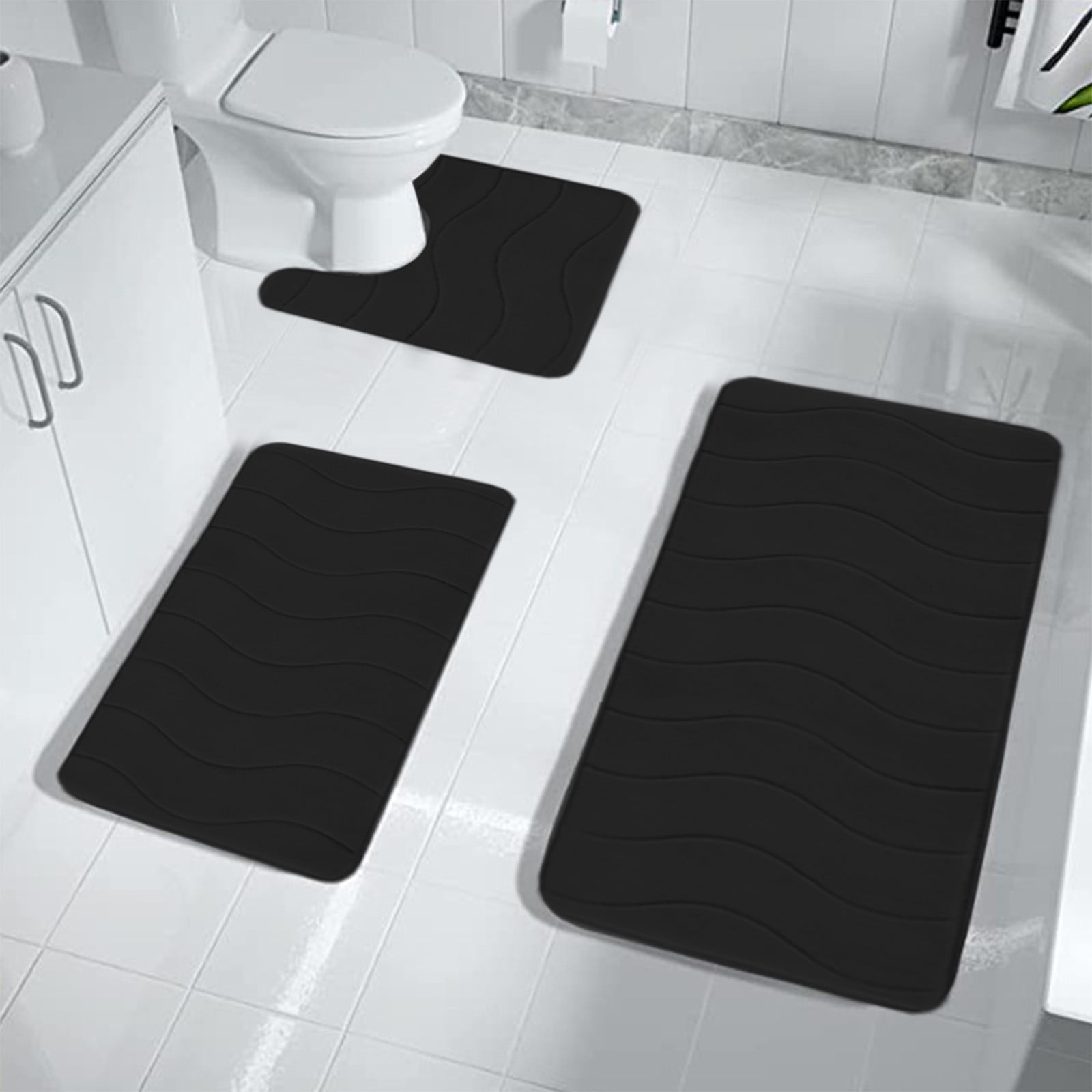 Beautynvta Memory Foam Bath Mat Set, 3 Pieces Quick-Dry Absorbent Bath Mats and U-Shaped Contour Rug for Bathroom, Non-Slip and Soft Comfortable, Black