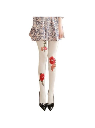 Cute Floral Border Mid Thick Stockings Tights, IVORY 