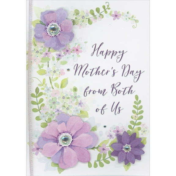 Designer Greetings Three Pink and Purple 3D Die Cut Flowers with Gems and Purple Foil Over Green Vines on White Bkgd Hand Decorated Mother's Day Card from Both of Us