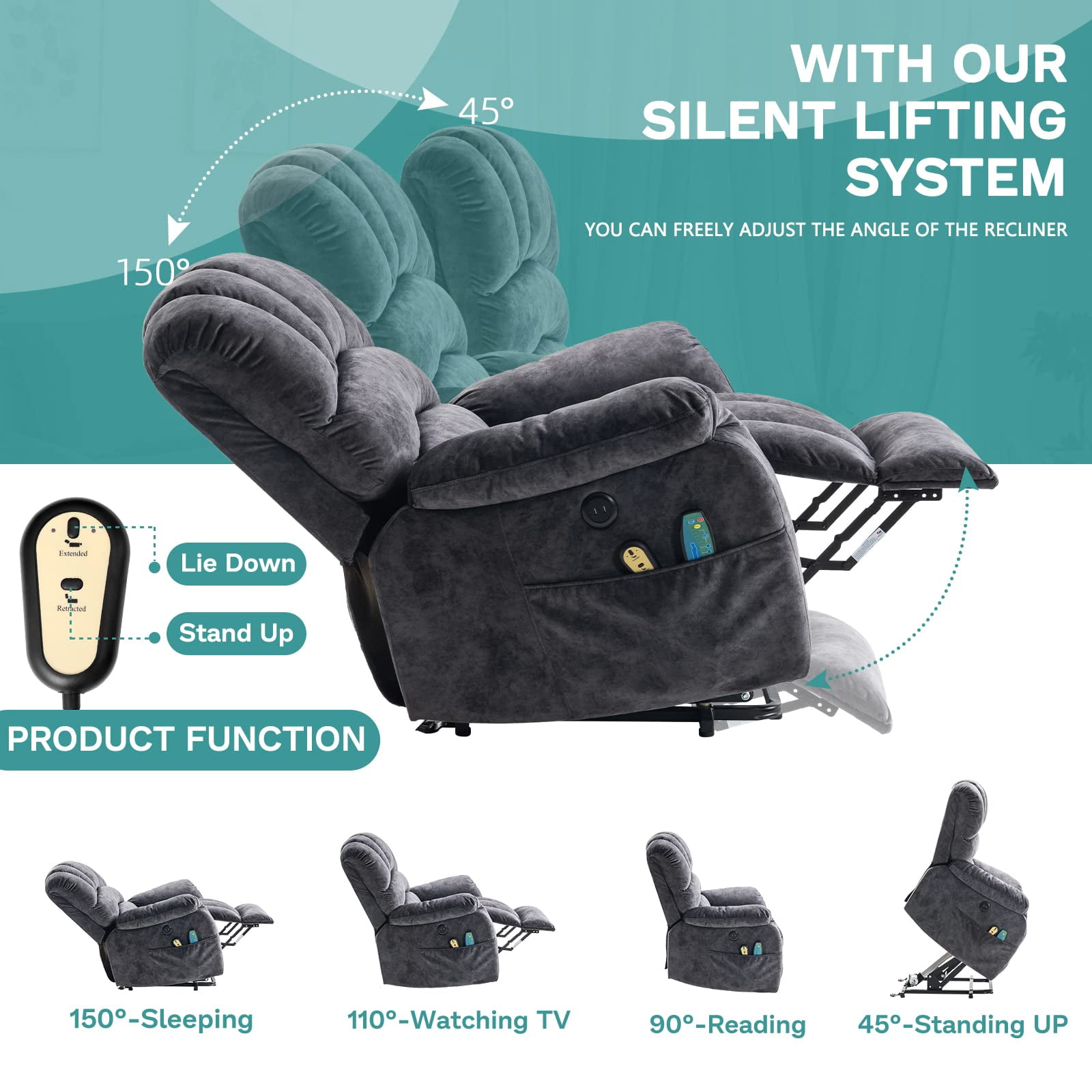 MEETWARM Large Power Lift Electric Recliner Chair with Massage and Heat, Overstuffed Wide Recliner for Elderly Big People, Plush Fabric Recliners with 2 Remote Controls, USB Ports, Side Pockets（Gray）