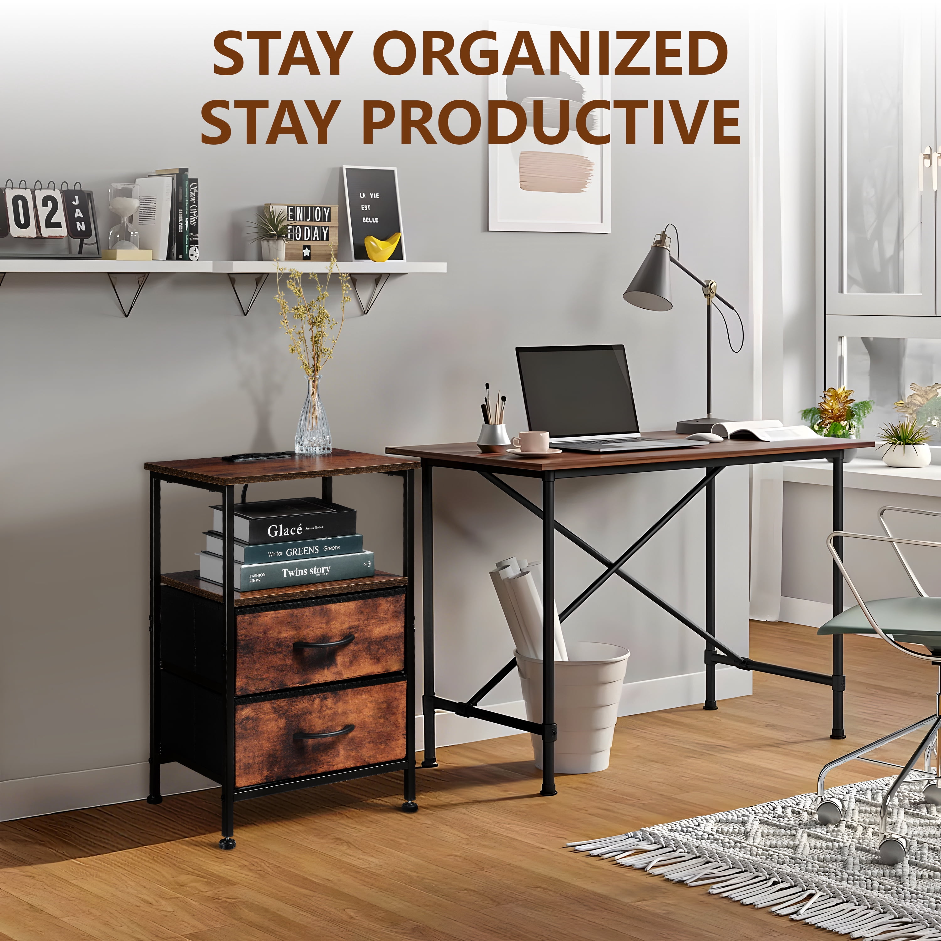 Coliware File Cabinet with Charging Station, Wood Printer Stand with Drawer Storage Shelves, Filing Organization Fits A4 Letter Size, Home Office Furniture for Under Desk Storage - Rustic Brown
