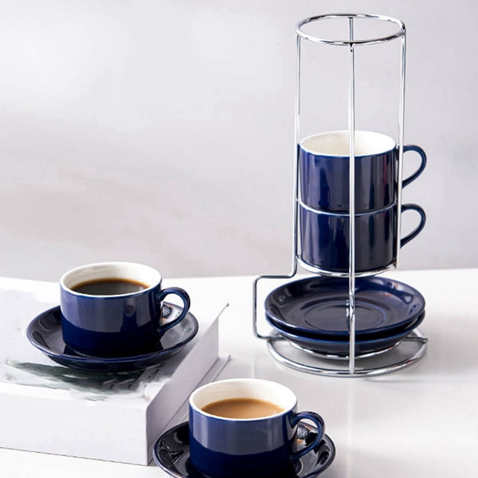 Porcelain Stackable Cappuccino Cups with Saucers and Metal Stand, Espresso Cups for Latte Coffee Cafe,Specialty Coffee E