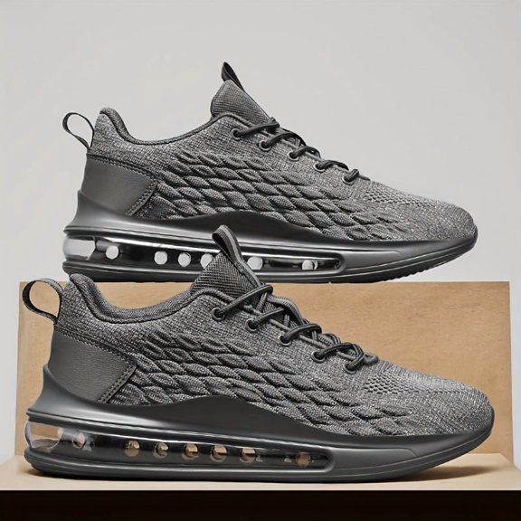 2026 New Men'S Breathable Knit Mesh Sneakers with Air Cushion - Lightweight Low-Top Design, Grey & Black, Lace-Up Casual Shoes Sleek Shoe Design, Fabric Upper for Running, Gym & Casual Attire, Gym Sh