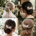 thumbnail image 5 of MIALLO White Fabric Flower Hair Comb, Golden Leaf Boho Bridal Hairpiece with Faux Pearls for Wedding, 5 of 7