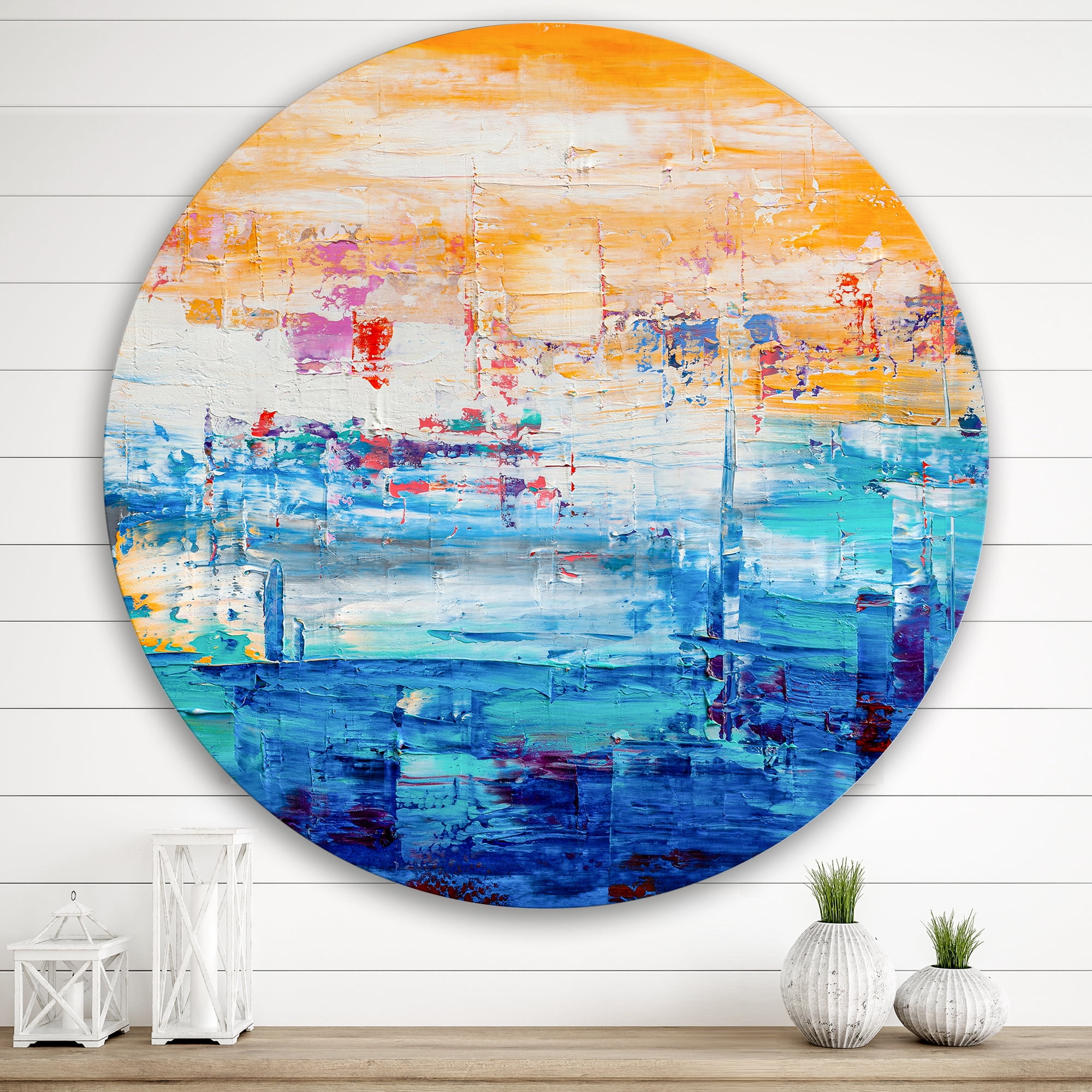 Designart 'Blue Meet Orange Abstract' Modern Circle Metal Wall Art 36x36 - Disc of 36