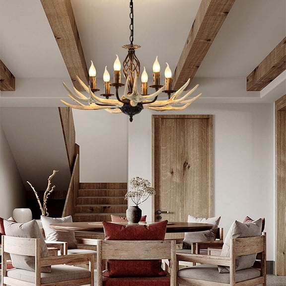 Miumaeov 6 Lights Rustic Antler Chandelier Farmhouse Hanging Light Fixture with 6 Resin Faux Antlers and Metal Bulb Base Vintage Style Pendant Lighting for Dining Room Kitchen Living Room Decor