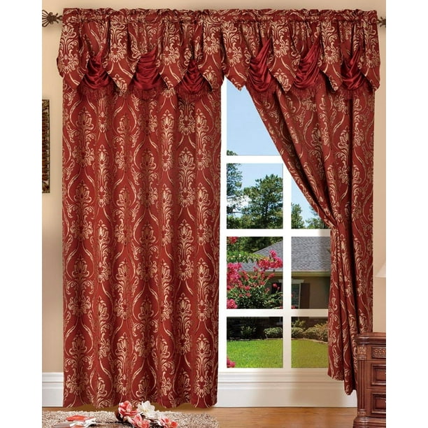 SET OF 2 PENELOPIE CURTAIN PANELS WITH ATTACHED AUSTRIAN VALANCE 84 inches long window, BURGUNDY