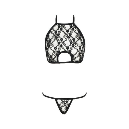 

BIZIZA Leather Lingerie Transparent Two Piece Womens Halter Hollow Out Bra and Panty Sexy Mesh Sleepwear for Women Black S