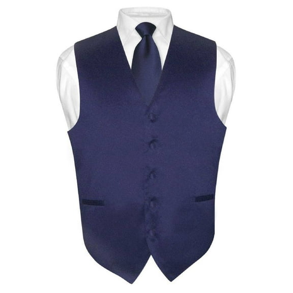 Men's Dress Vest & NeckTie Solid NAVY BLUE Color Neck Tie Set sz XL