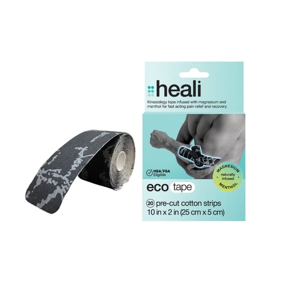 Heali ECO Kinesiology Tape, Menthol and Magnesium, 20 Precut Strips, Cotton, Black Camo