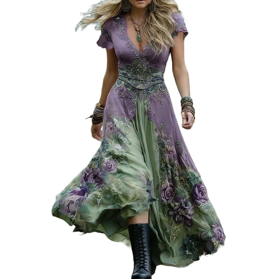Lopeceal Womens Vintage Summer Dresses Floral Printed Flared Sleeve Deep V Neck Waisted Maxi Dress Bohemian Resort Style