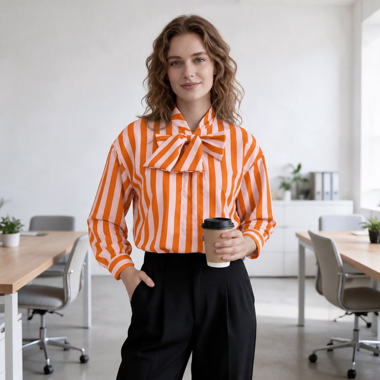 QINGFSAP Tops for Womens Blouses Striped Bow Tie Neck Button Down Long ...
