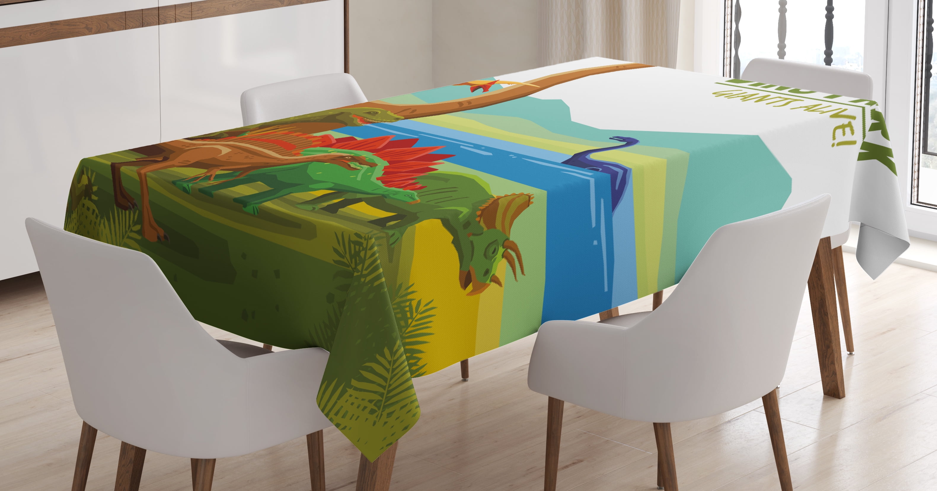 Dinosaur Tablecloth, Flying Swimming and Land Dinosaurs with Lake and