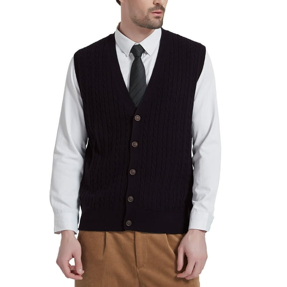 Kallspin Men's Wool Blend Cable-Knit V Neck Sleeveless Cardigan Vest Sweater(Black,Large)