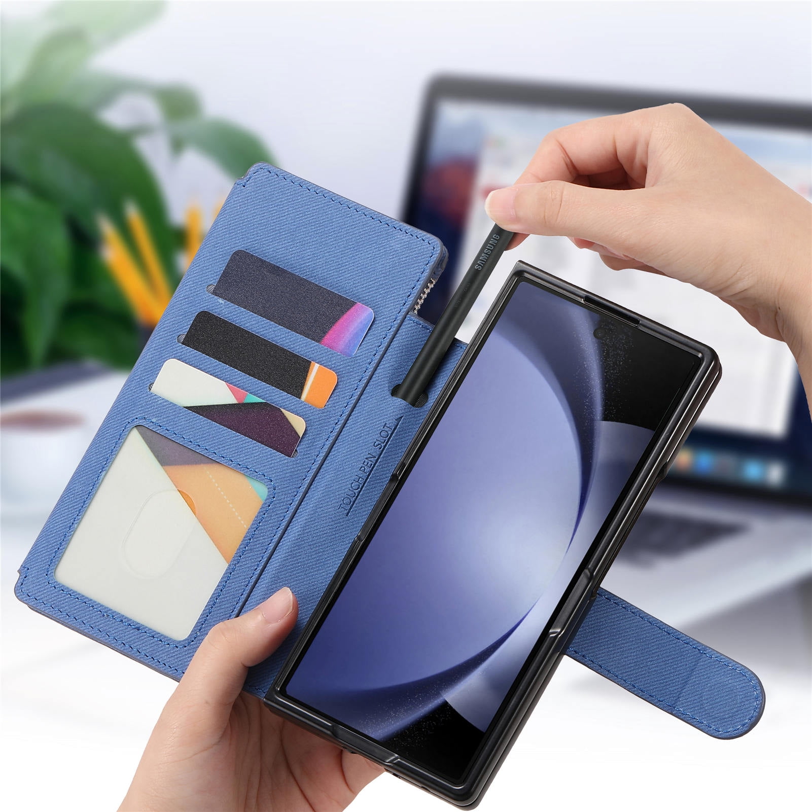 For Samsung Galaxy Z Fold 6 Phone Case,2-in-1 Magnetic Detachable Flip,Flip Folding Kickstand,With Card Slots,Zipper Pocket,Ring Holder,Fit Wireless charging,Shockproof Phone Case,Blue
