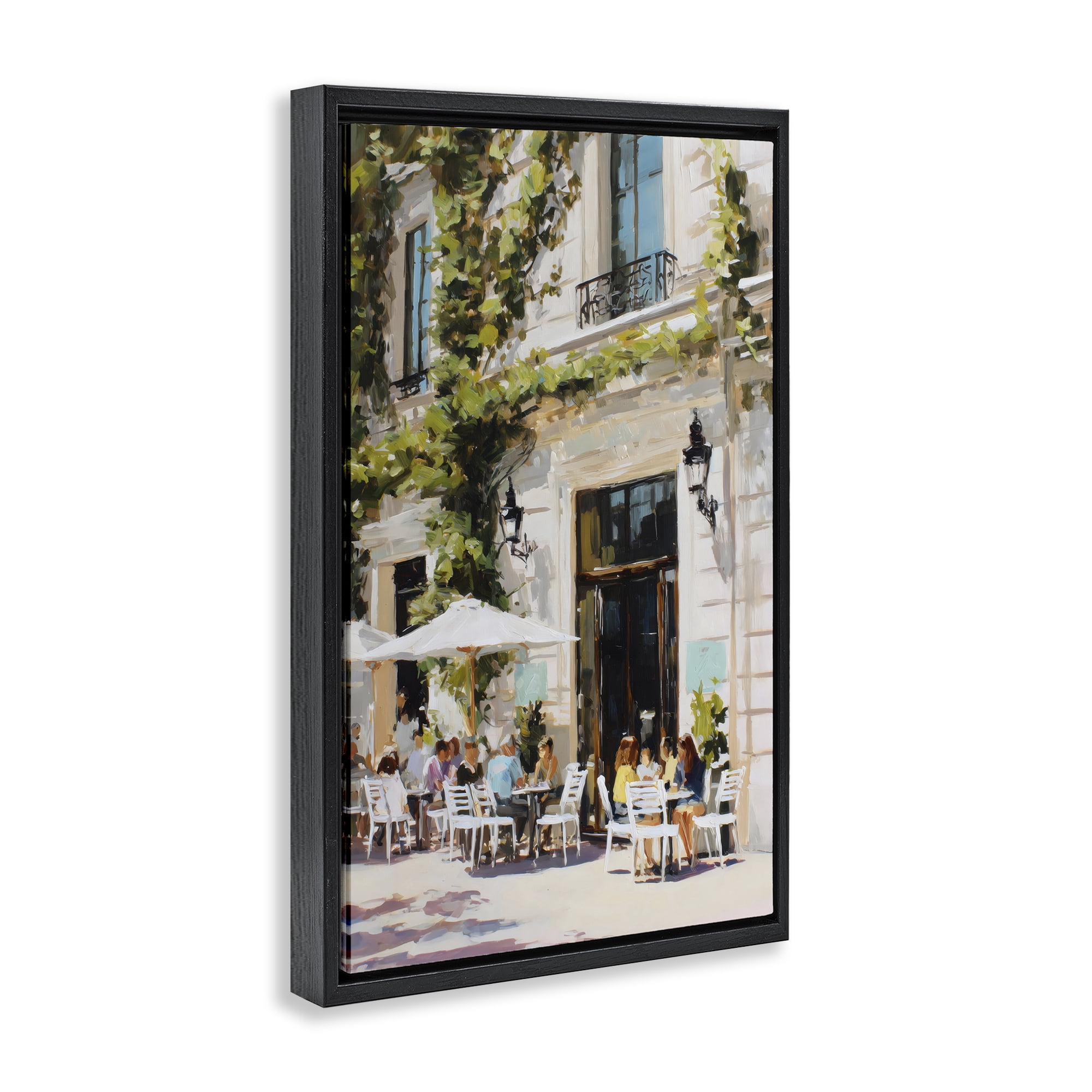 Stupell Industries Streetside Cafe Terrace with Ivy Black Framed Floater Canvas Wall Art, design by Petal Prints Design