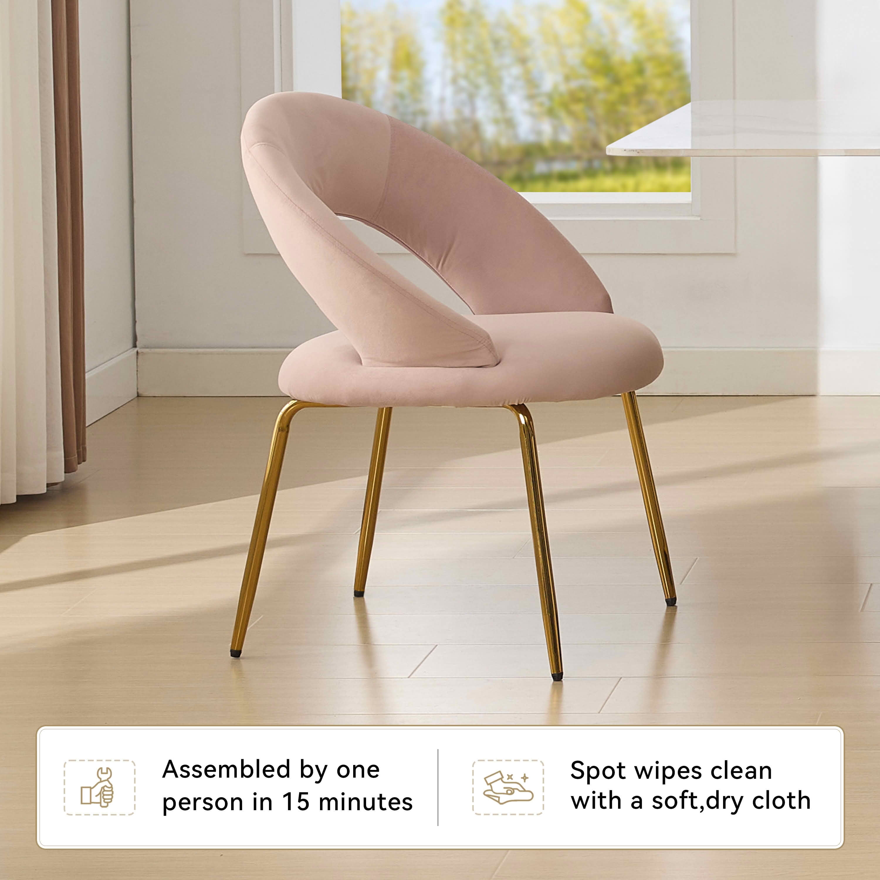 MAYEERTY Set of 1 Velvet Fabric Dining Chair, Curved Backrest & Golden Metal Legs, for Kitchen & Dining Room, Pink