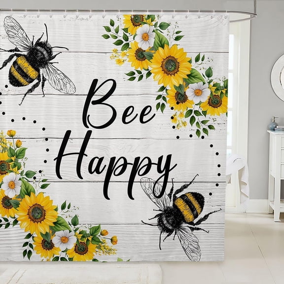 Bee Happy Sunflower Shower Curtain Farmhouse Wooden White Background Fabric Bathroom Decor with Hooks 71x71 inches
