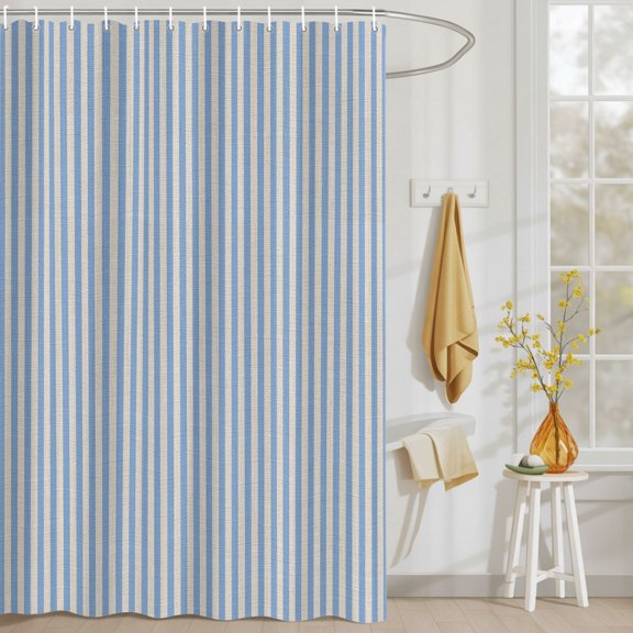 Modern Blue Striped on Linen Shower Curtain Set, Waterproof Shower Curtains With Grommet Hooks, Vintage Vertical Stripes Privacy Bathroom Curtain for Bathtub 72x72IN