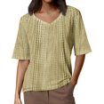 thumbnail image 4 of CIENVNSTG Tops For Women V Neck Short Sleeve Casual Fit Hollow Out Knit Oversized T Shirts Basic Summer Petite Office Tunic Top Ladies Blouse Yellow 2XL, 4 of 4