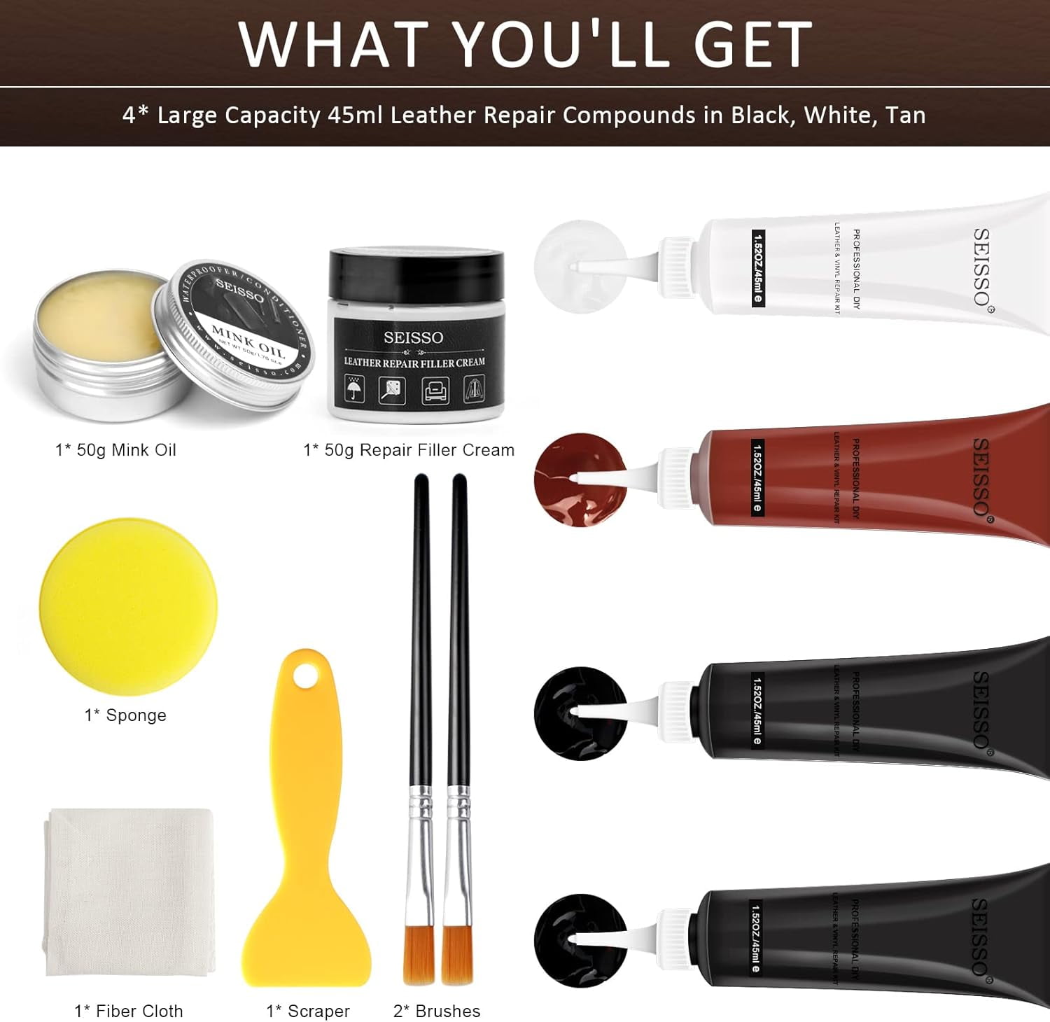 Leather Repair Kit for Furniture, Vinyl Car Interior Leather Dye with Mink Oil, Leather Filler Restore for Sofa Couch Cat Scratches Vinyl Seat