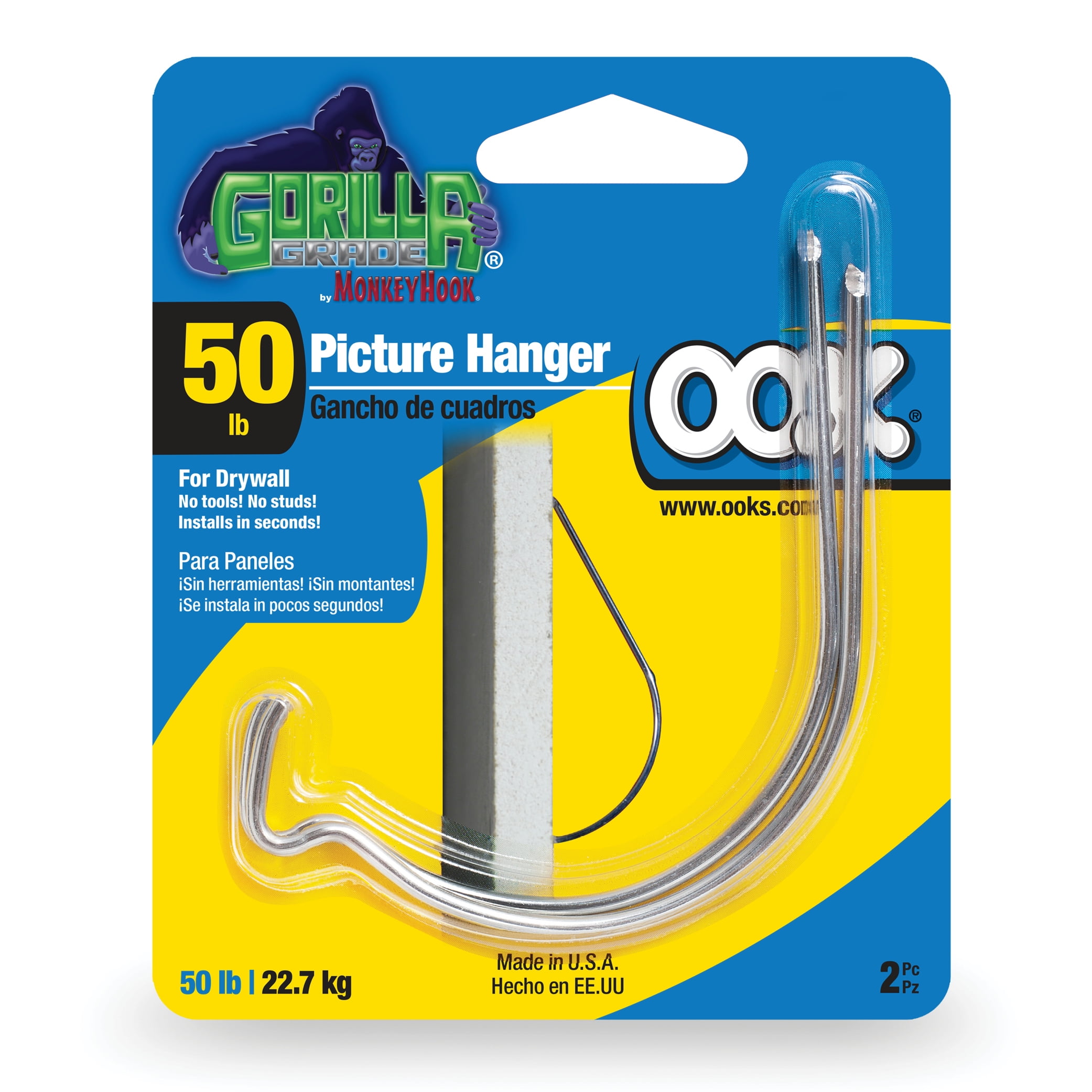 OOK Monkey Hook Picture Hangers, Drywall, Steel, Tool Free (50lb) 2 Pack
