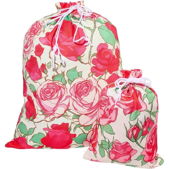 2 Sizes Rose Drawstring Bags Large Fabric Gift Bags Red Flowers Printed Present Wrapping Sack Gift Wrap Pouches for Wedding Valentines