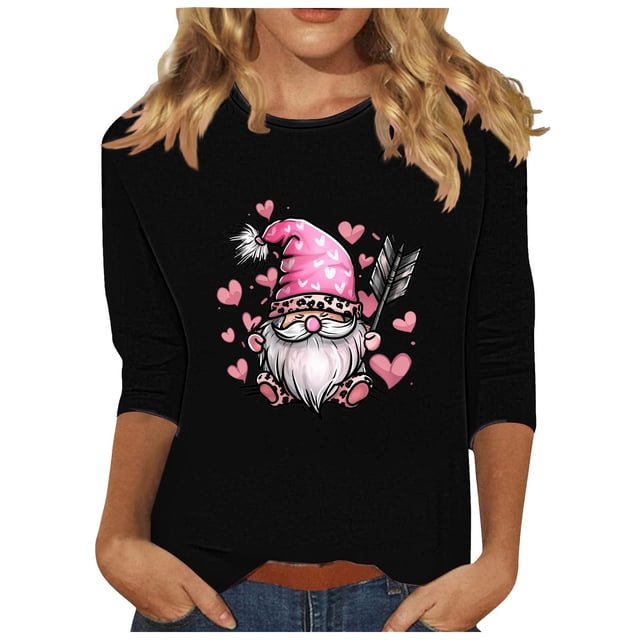 Staron Vente de Liquidation T-Shirt de la Saint-Valentin Femme Décontracté Doux Col Rond T-Shirts Cœur d'Amour Cadeaux de la Saint-Valentin Manches 3/4 T-Shirt