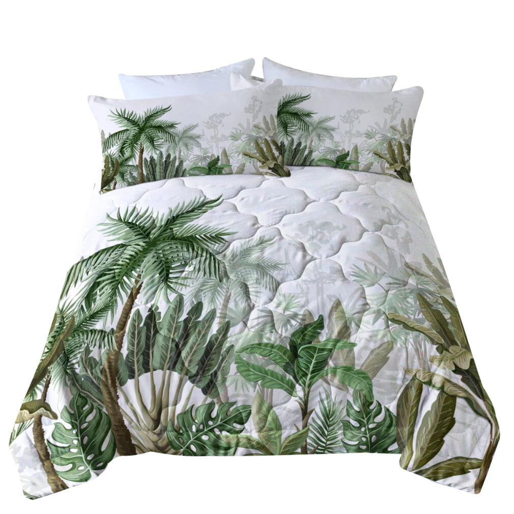 Tropical Duvet Cover Set, Coconut Palm Tree Nature Paradise Plants Foliage Leaves Digital Illustration, Decorative 3 Piece Bedding Set with 2 Pillow Shams, Queen Size, Green