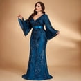 thumbnail image 2 of AURA Plus Size Evening Dress Deep V Neck Long Sleeve Party Teal Blue 0XL-4XL, 2 of 7