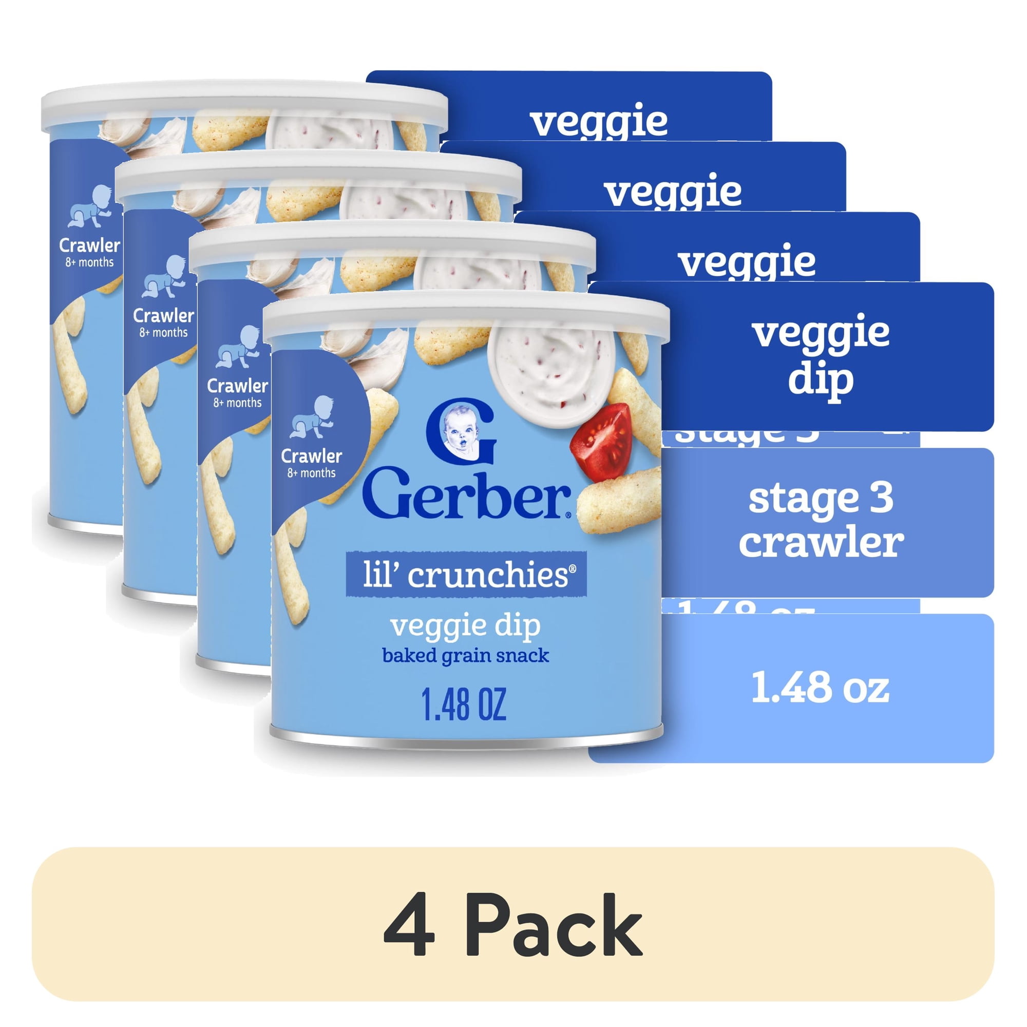 (4 pack) Gerber Snacks for Baby Lil Crunchies Veggie Dip Puffs, 1.48 oz Canister