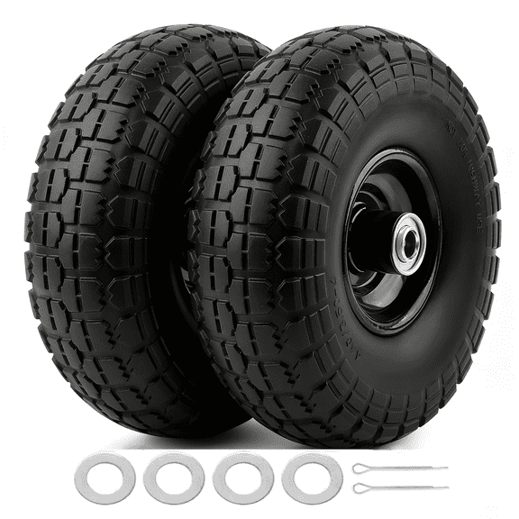 Set of Two 10-Inch Solid Rubber Wheels - Replacement Flat-Free Tire Size 3.50-4" with 5/8" Bearings And a 2.2" Offset Hub - Ideal for Lawn And Garden Carts, Hand Trucks, Wheelbarrows