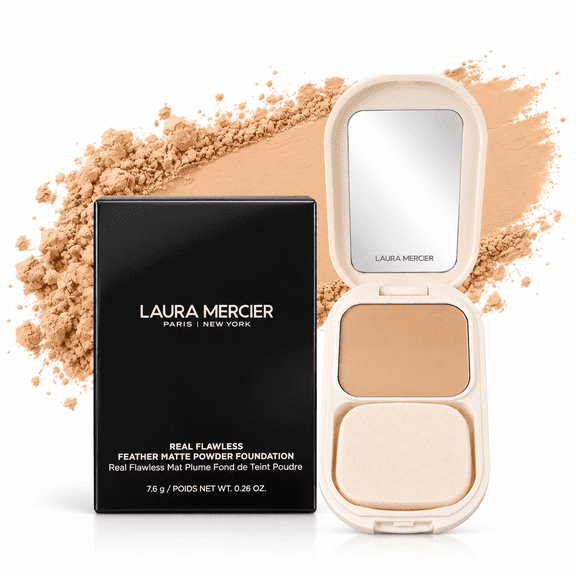 Laura Mercier Real Flawless Feather Matte Powder Foundation, 2N Affogato, Soft Matte Finish, Buildable Coverage, 0.26 oz