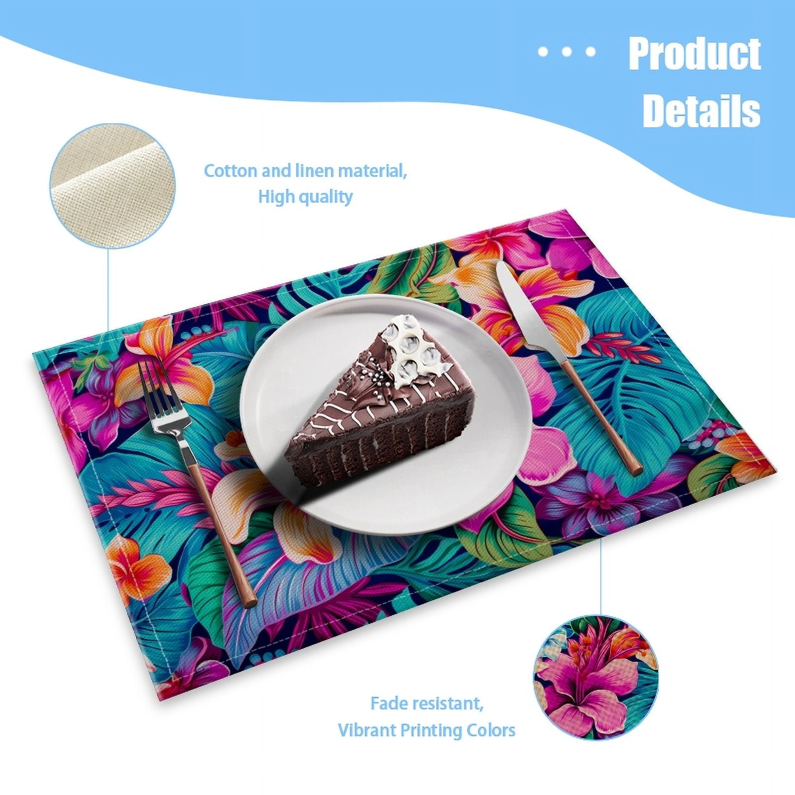 BaHomeck placemats Set of 4 Vibrant And Colorful Pattern Featuring Tropical Flowers Cotton Linen rectangle Placemats for Kitchen Dining Table Indoor,Outdoor,18*12inch