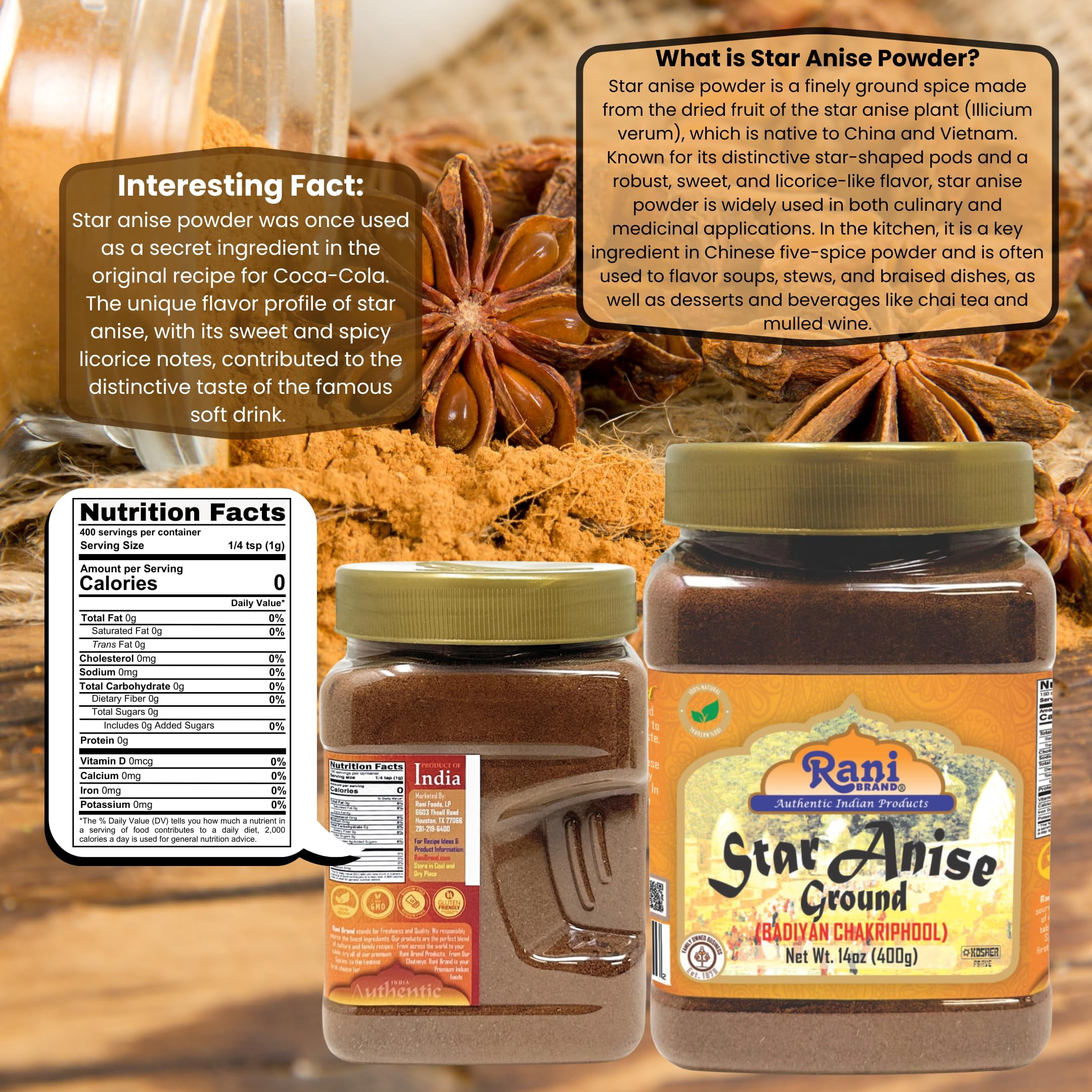 Rani Star Anise Powder (Badian Khatai) Ground Spice 14oz (400g) PET Jar ~ All Natural | Gluten Friendly | NON-GMO | Vegan | Indian Origin