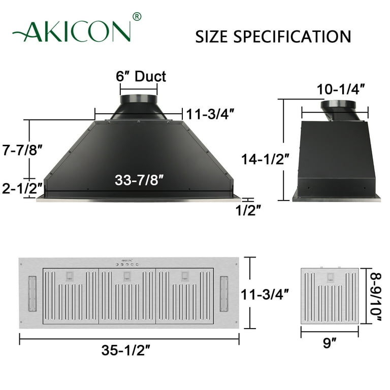 Range Hood Insert/Built-in 36 inch,Ultra Quiet Powerful Vent Hood with LED  Lights, 3 Speeds 600 CFM, Stainless Steel - Akicon