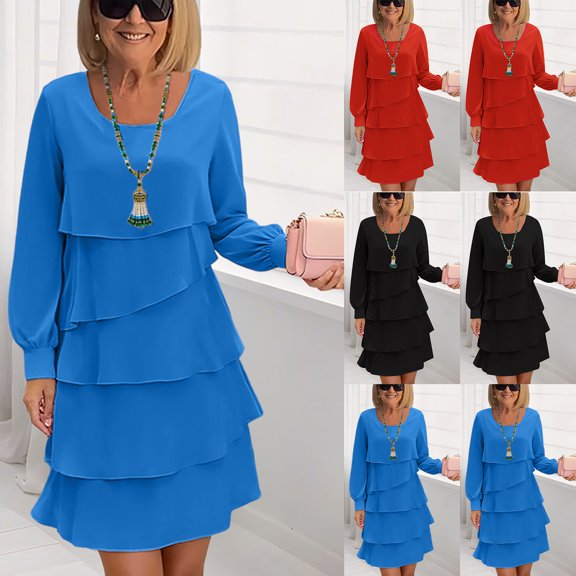 Tumotour Ayered Cake Dress for Women's Plus Size A-Line Cocktail-Length Dress Long Sleeve Casual Solid Color Square Neckline Fall Tunic Dress