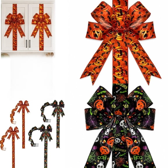 Halloween Cabinet Bow Decoration, Pumpkin Ribbon for Kitchen Doors Hook-and-Loop Fastener Secures The Long Ribbon To Wreaths, Mantels Doors Without Tools for Quick Seasonal Decorating