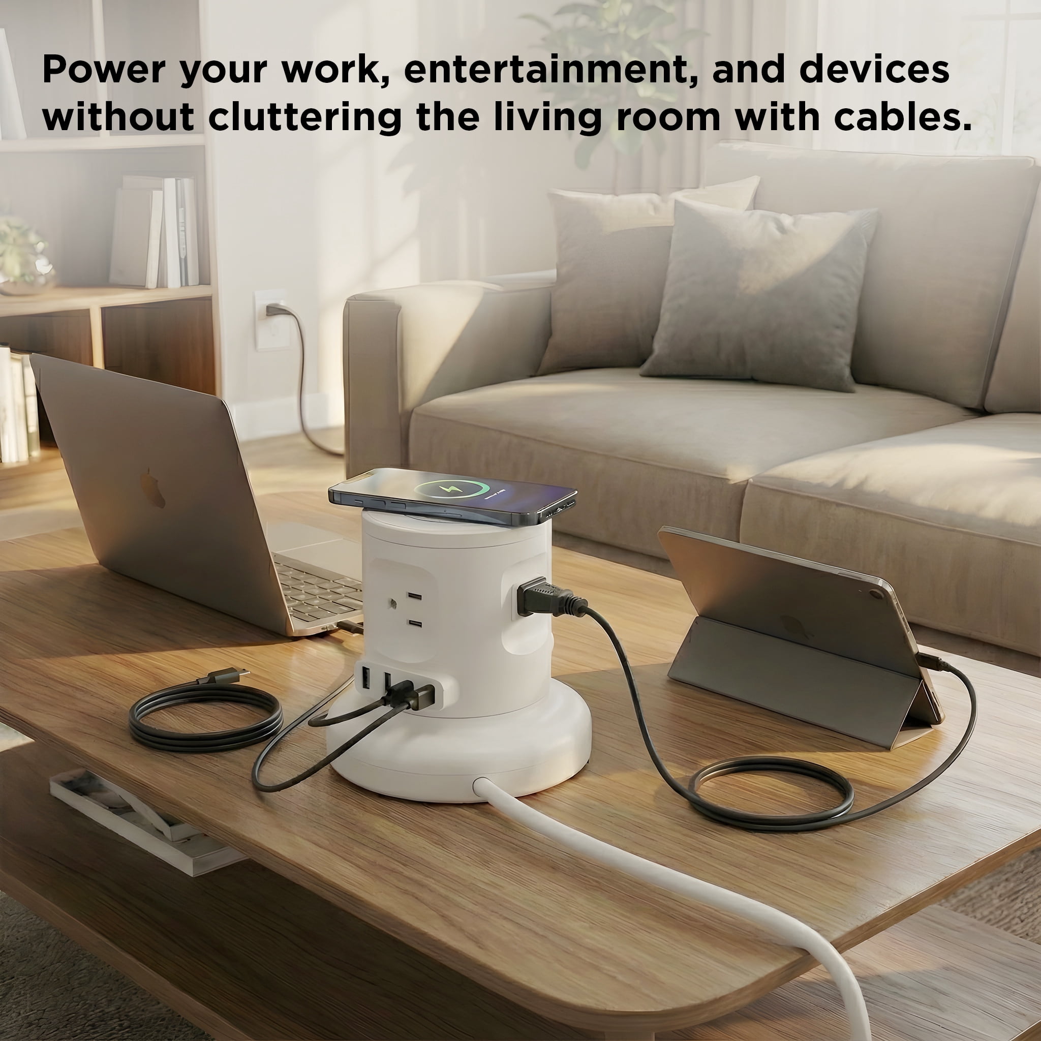 Wireless Retractable Power Strip Tower, 9-in-1 Surge Protector with 4 AC Outlets, 2 USB-C PD, 2 USB-A, 15W Wireless Charger, 6ft Auto-Retracting Cord, Fast Charging Station White