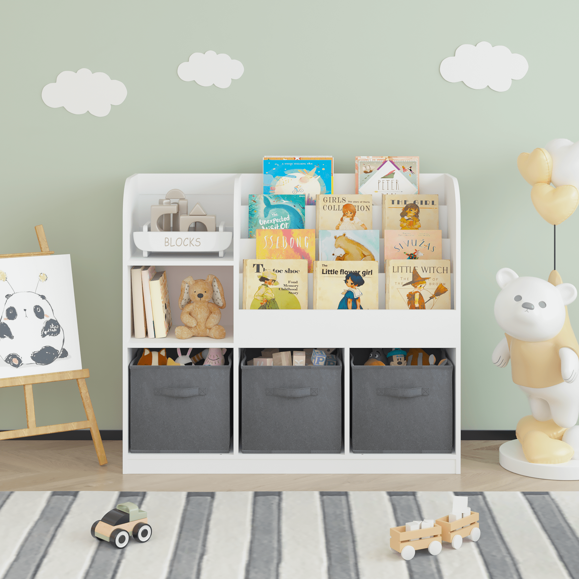 Kids Bookcase and Bookshelf, Multifunctional Bookcase with 3 Collapsible Fabric Drawers, Bookcase Display Stand, Toy Storage Organizer for Bedroom, Playroom, Hallway