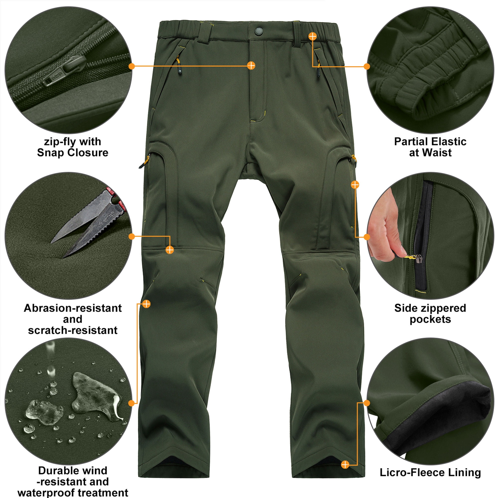 POENTAB Winter Work Pants for Men Fleece Lined Waterproof Insulated Snow Ski Pants for Outdoor Hiking Hunting Clothes Green 30