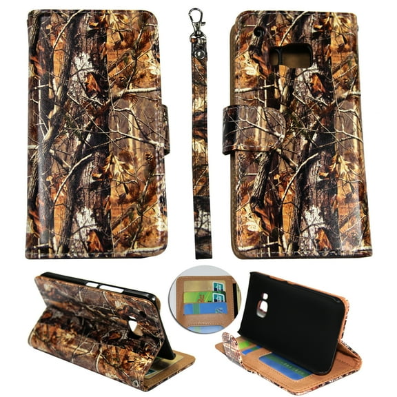Camo Brown Oak Wallet Folio Case for HTC One M9 Fashion Flip PU Leather Cover Card Slots & Stand