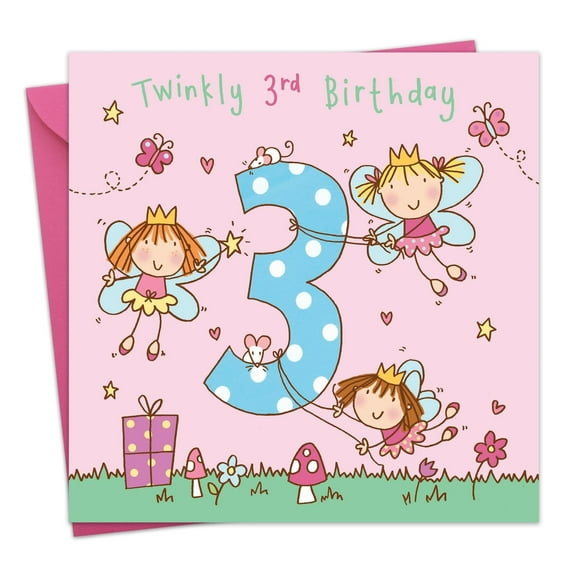 Twizler 3rd Birthday Card for Girls - Fairy Princess - Children's Age 3 Happy Birthday Greeting Card for Daughter Granddaughter Niece Kids