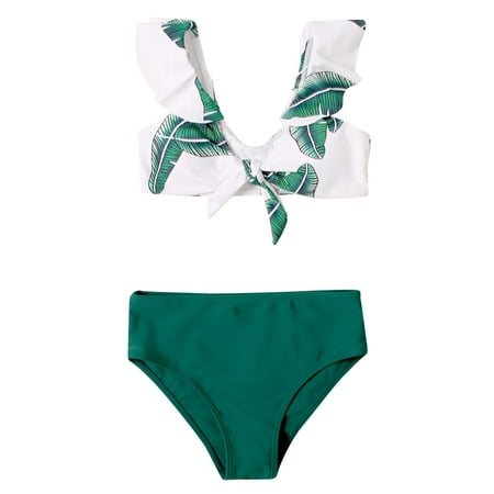 

Baby Girl Outfits Leaves Print Swimwear Solid Color Summer 2Pcs Bikini Swimsuit