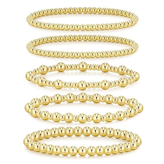FARONZE Round Bead Gold Bracelet Set, 5 Pack, 7.48 inches