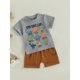 thumbnail image 5 of Conjunto de verano para niño pequeño: camiseta de manga corta con cuello redondo y estampado de letras de dinosaurios con pantalones cortos lisos., 5 of 9