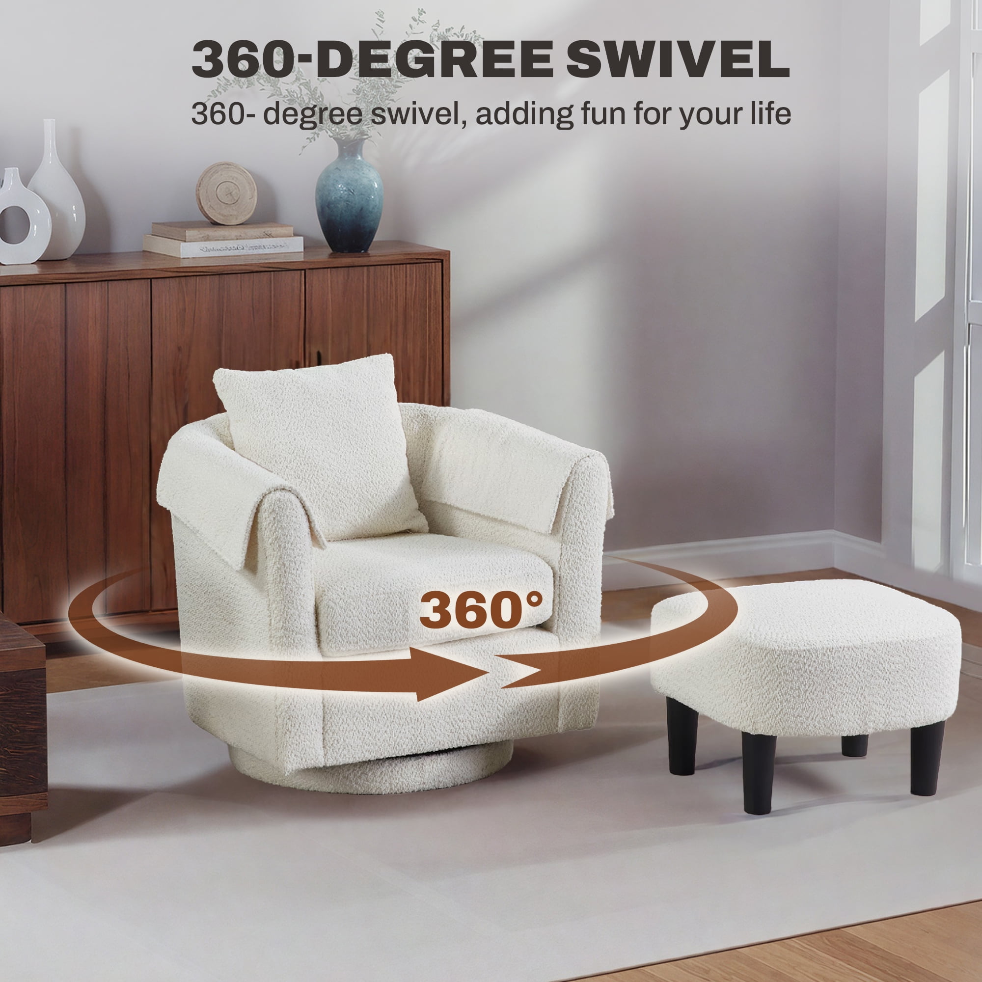 FunniHomi 18.5"D x 18.9"W Small Swivel Accent Chair, Upholstered Round Barrel Chair with Removable Back Pillow, Ottoman Set and Armrest Covers for Kids and Teens, White